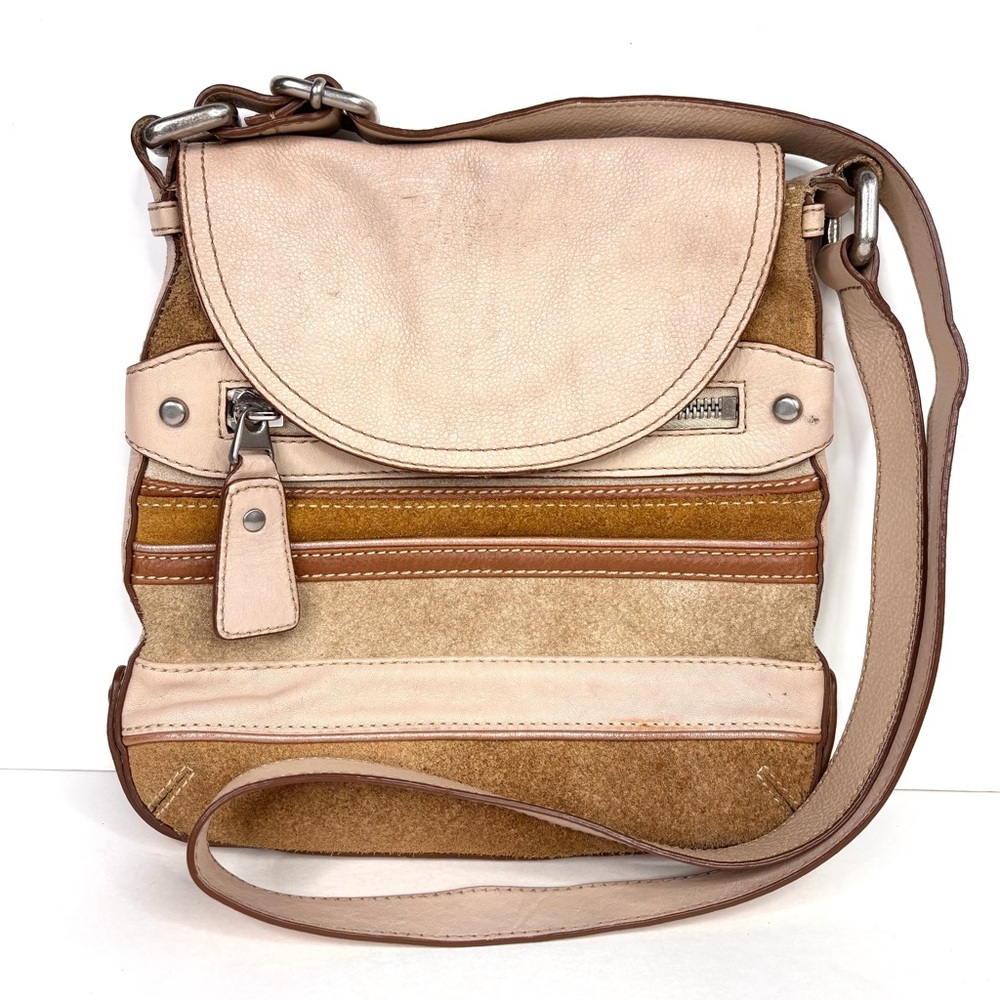 Vintage Fossil Brown, Tan and Cream Suede Leather‎ Retro 70’s Crossbody Bag